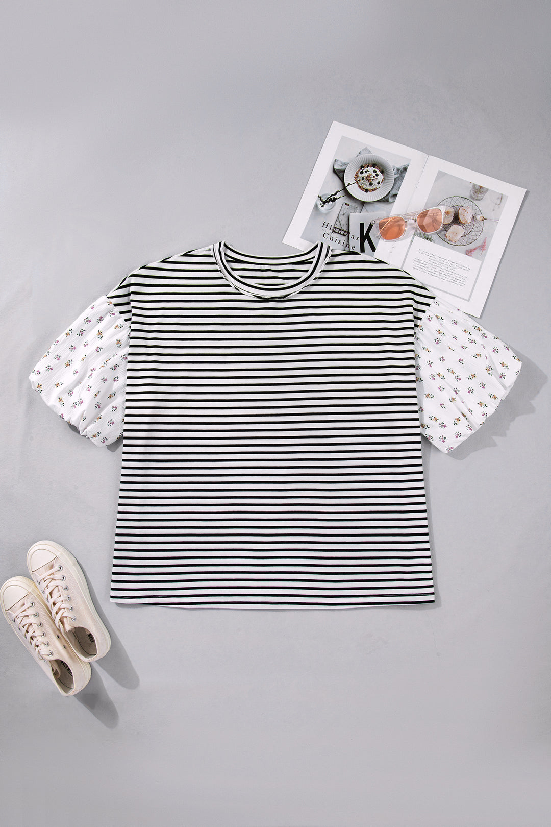 Black Stripe Plus Size Striped Short Sleeve Top with Floral Puff Sleeves