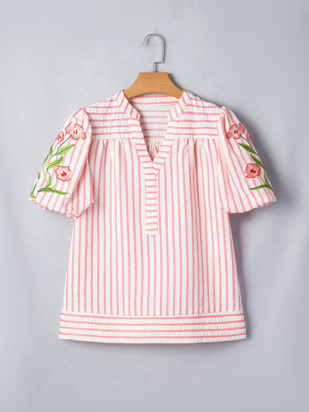 Stripe Print Floral Embroidered Puff Sleeve V Neck Blouse