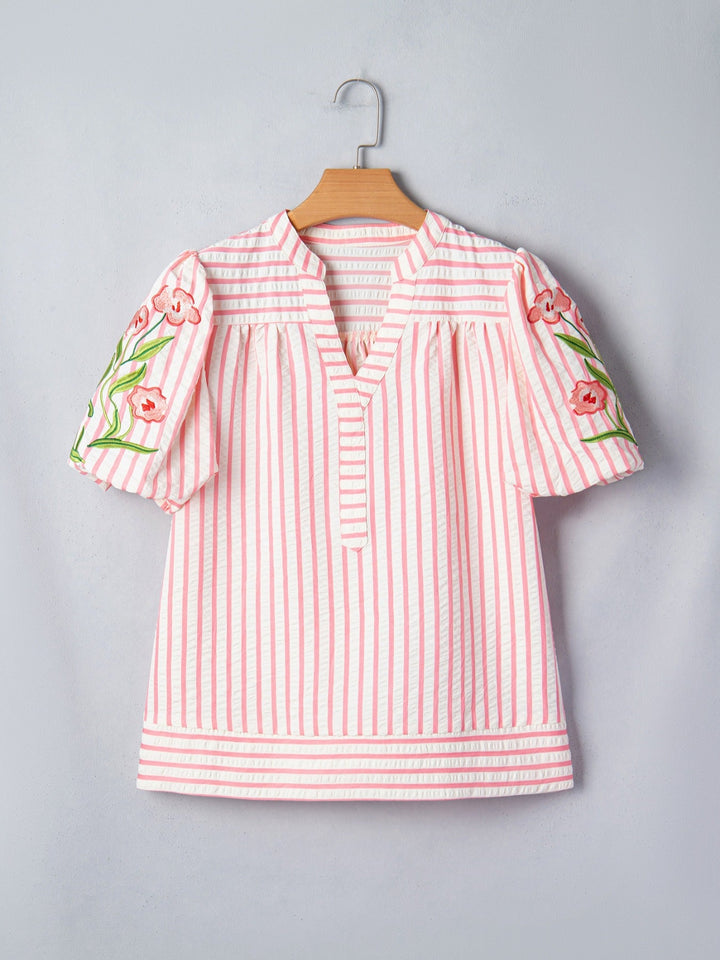 Stripe Print Floral Embroidered Puff Sleeve V Neck Blouse