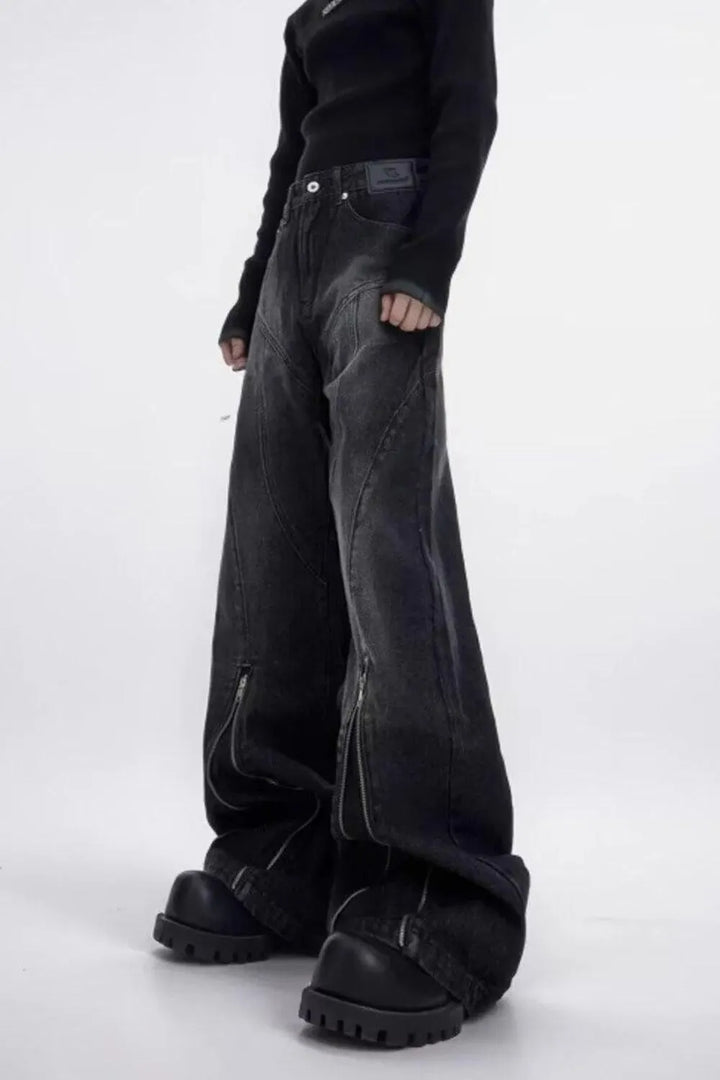 Men's Plus Size Washed Flare Jeans with Zipper Detail
