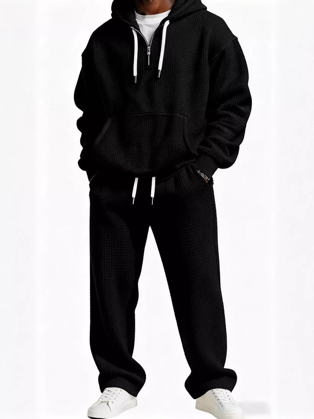 Men's Full Size Casual Waffle Knit Hoodie and Pants Set Plus Size
