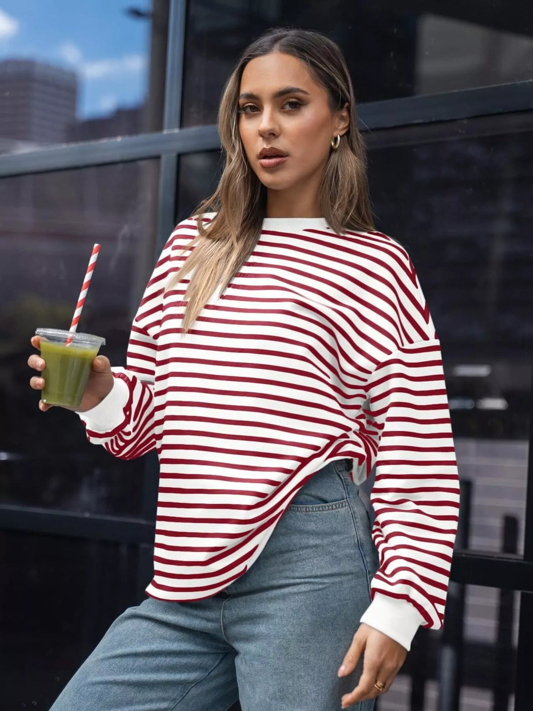 Striped Round Neck Oversized Casual Sweatshirt