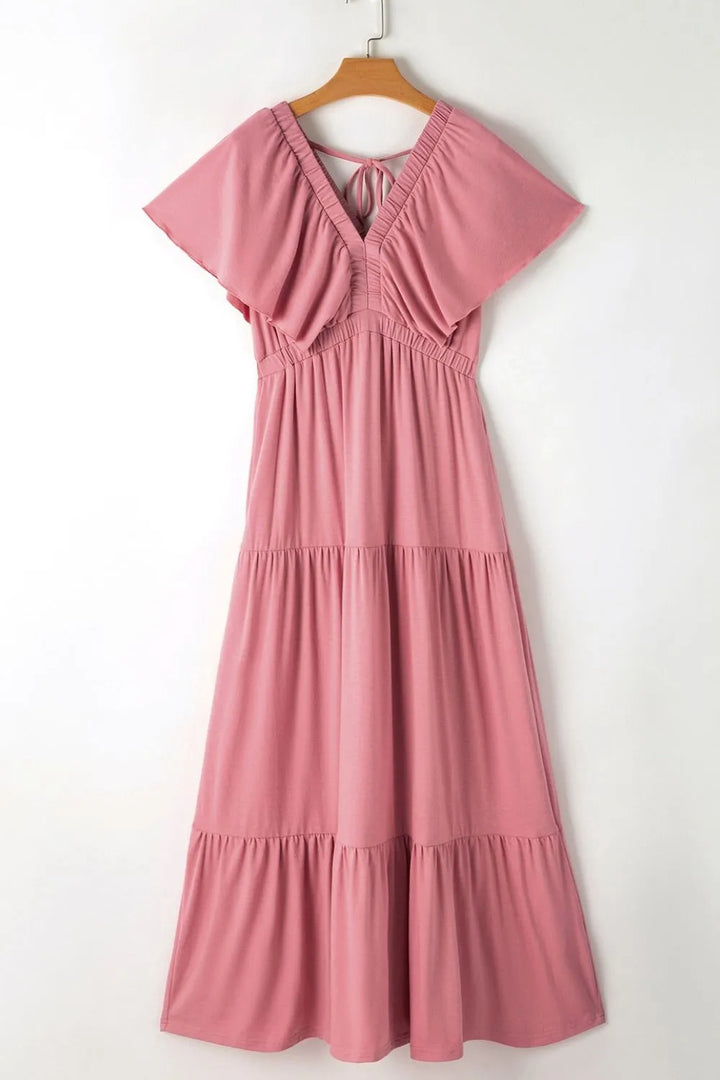 Ruffled V Neck Flutter Sleeve Maxi Dress
