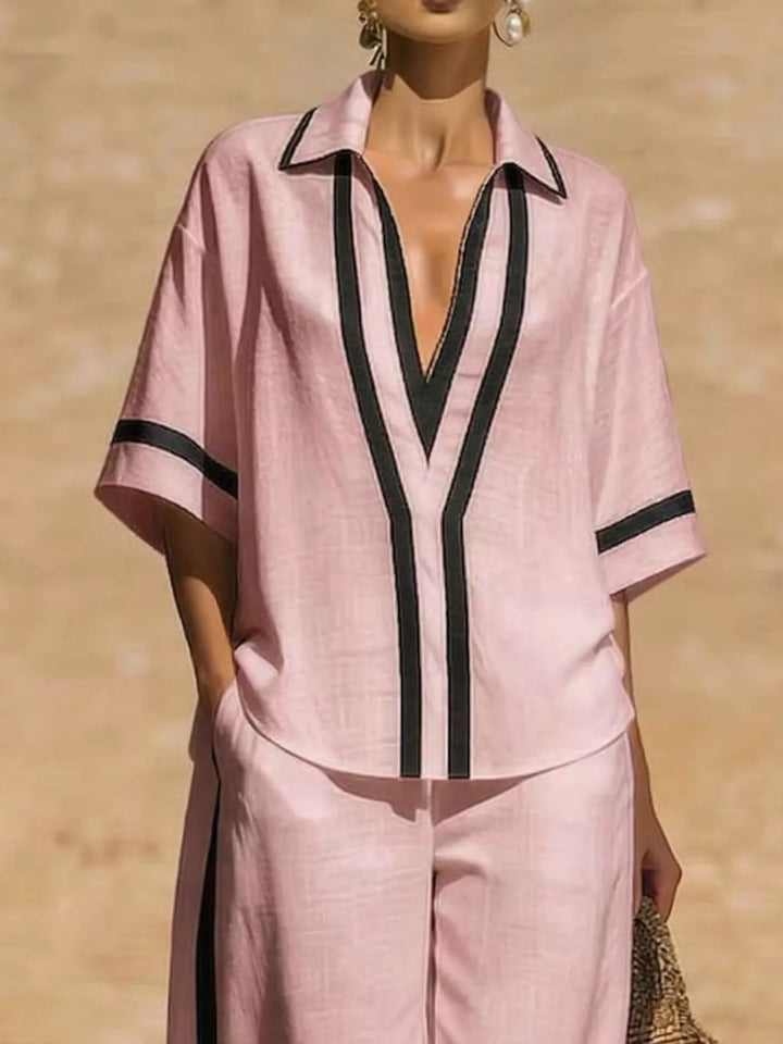 Full Size Contrast Trim Top and Pants Set Plus Size