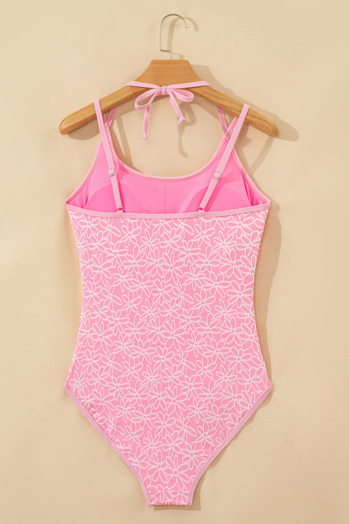 Pink Corded Flower Texture Spaghetti Straps Halterneck One Piece Swimsuit