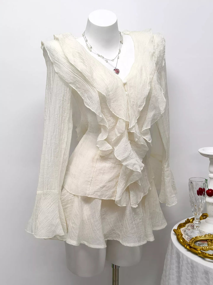 Ruffle Trimmed Blouse and Skirt Set