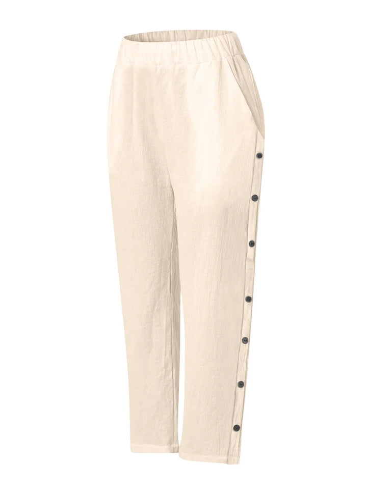 Full Size Side Decor Button Casual Wide Leg Pants Plus Size