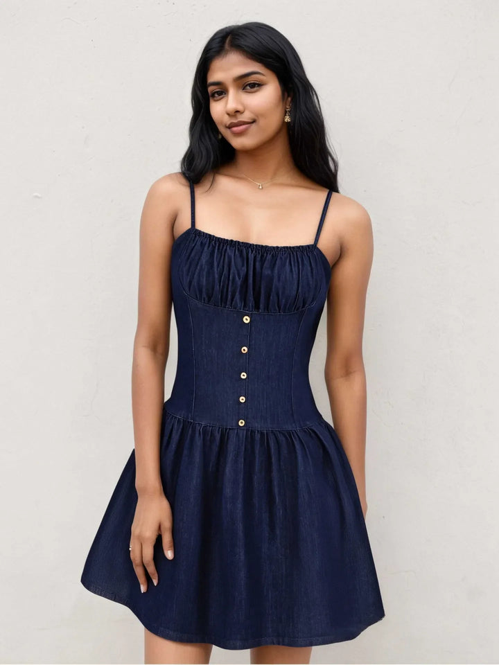 Adjustable Strap Ruched Mini Dress
