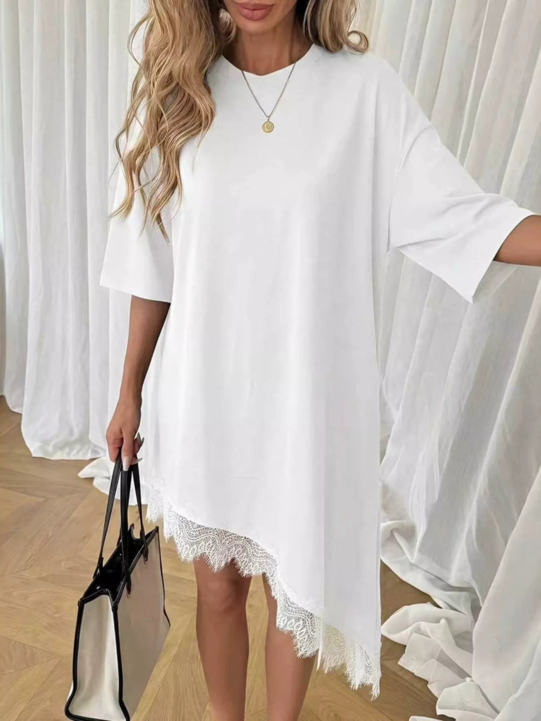 Lace Trim Asymmetrical Hem T-shirt Dress