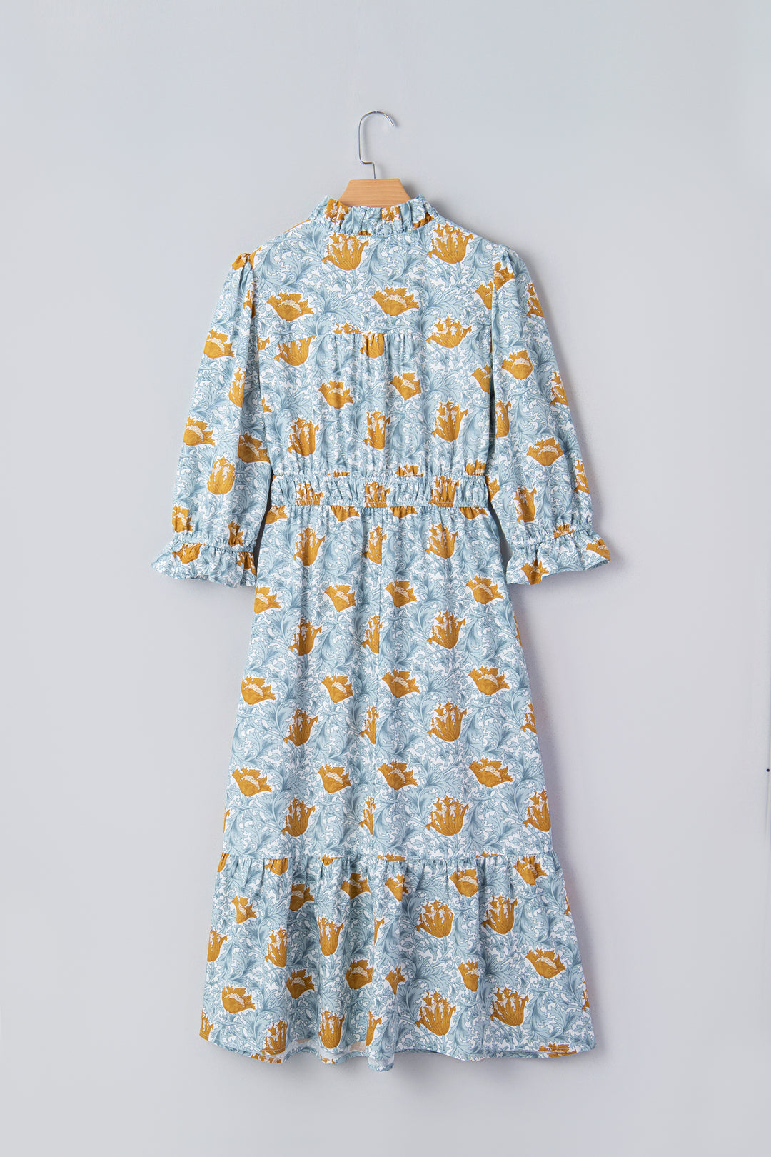 Brown Floral Printed Frilled V Neck Bracelet Sleeve Long Dress