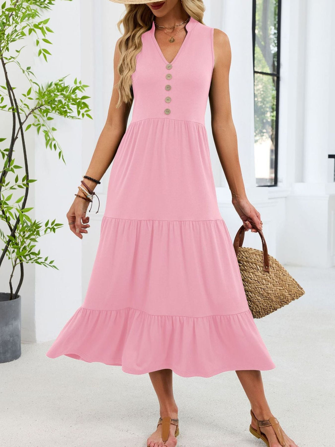 Sleeveless Notched Tiered Midi Dress