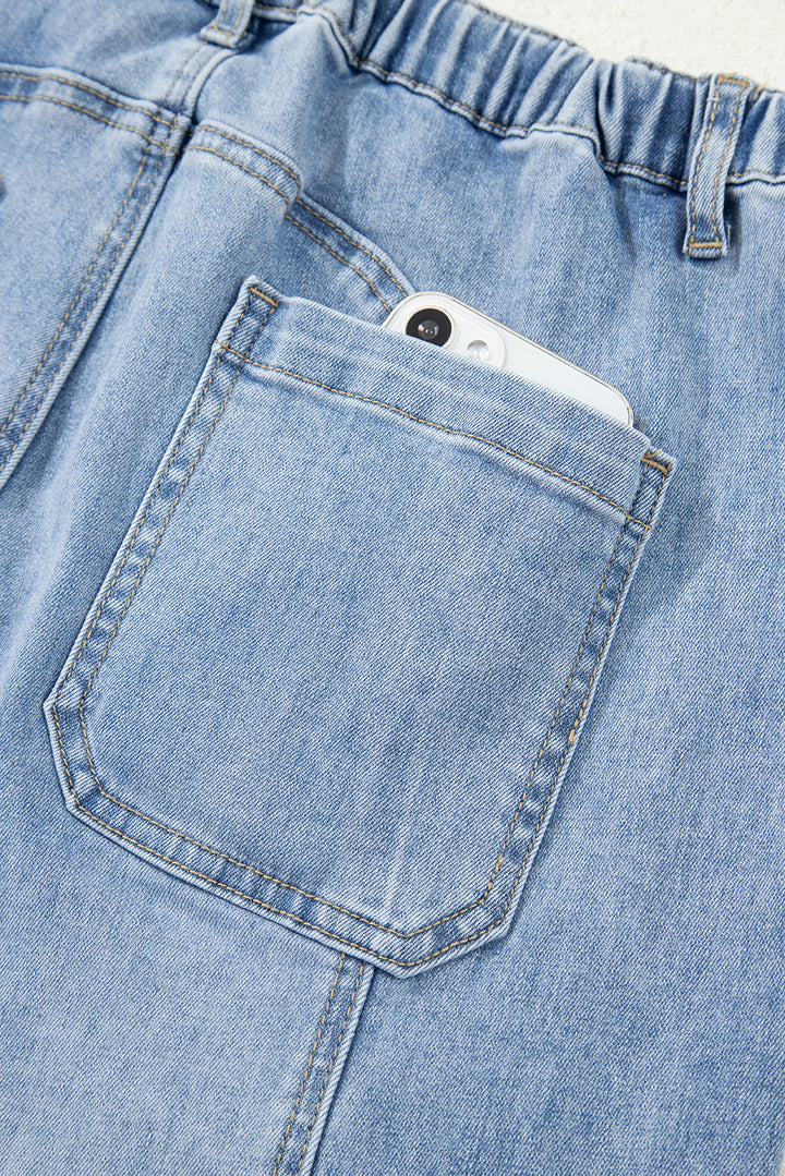 Beau Blue Drawstring Seam Detail Raw Hem Wide Leg Denim Pants