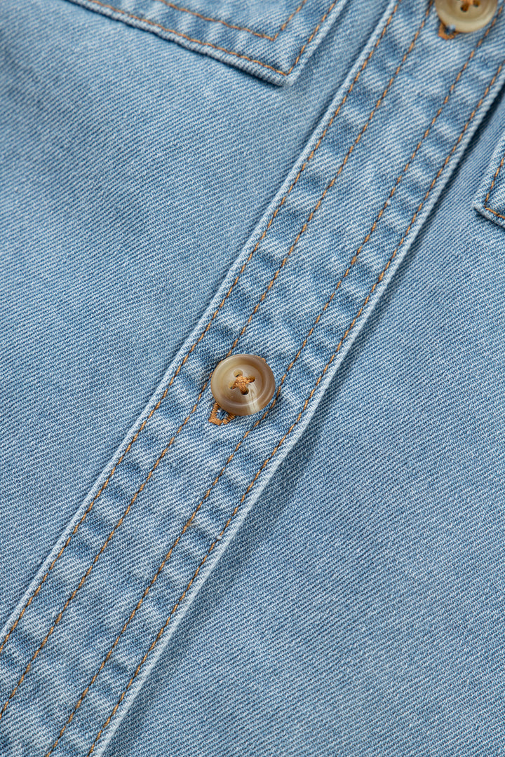 Myosotis Ruffle Detail Short Puff Sleeve Button Down Flap Pocket Denim Shirt