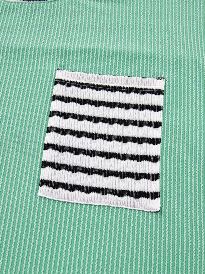 Twisted Ribbed Contrast Round Neck Striped Patchwork Long Sleeve Top