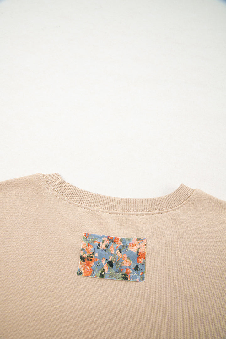 Smoke Gray Plaid Colorblock Patchwork Sleeve Raw Seam Sweatshirt