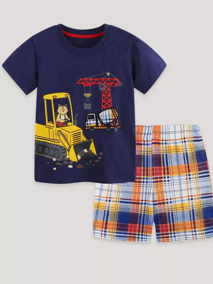 Children's Construction Vehicle Print Tee & Plaid Shorts Set