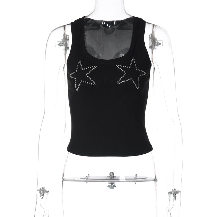 Women's Slim-fit Solid-color Rhinestone-embellished Versatile Top
