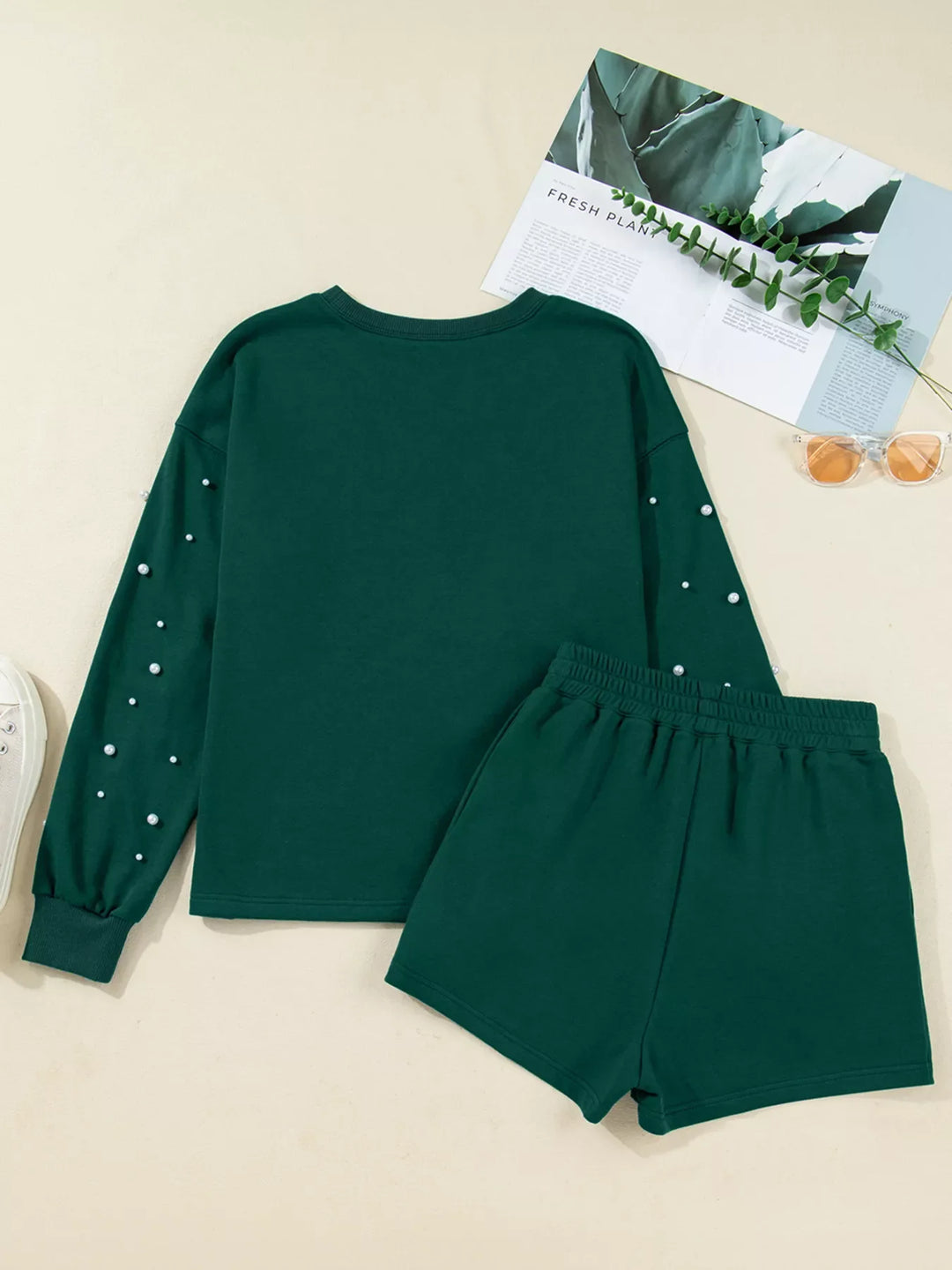 Pearl Embellished Drop Shoulder Pullover Elastic Waist Mini Skirt Set