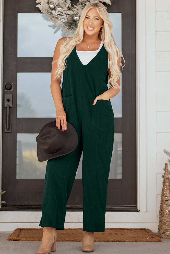 Evergreen Corduroy V Neck Patched Pocket Sleeveless Jumpsuit