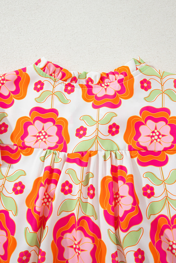 Rose Floral Printed Ruffled Long Sleeve Blouse