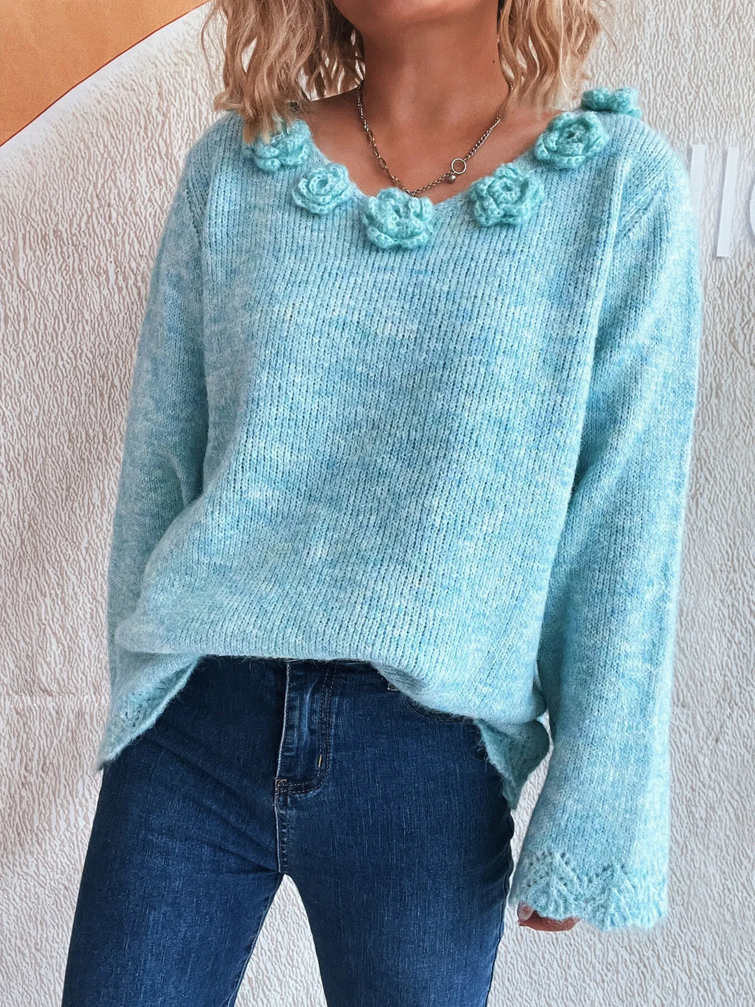 Flower V-Neck Long Sleeve Sweater