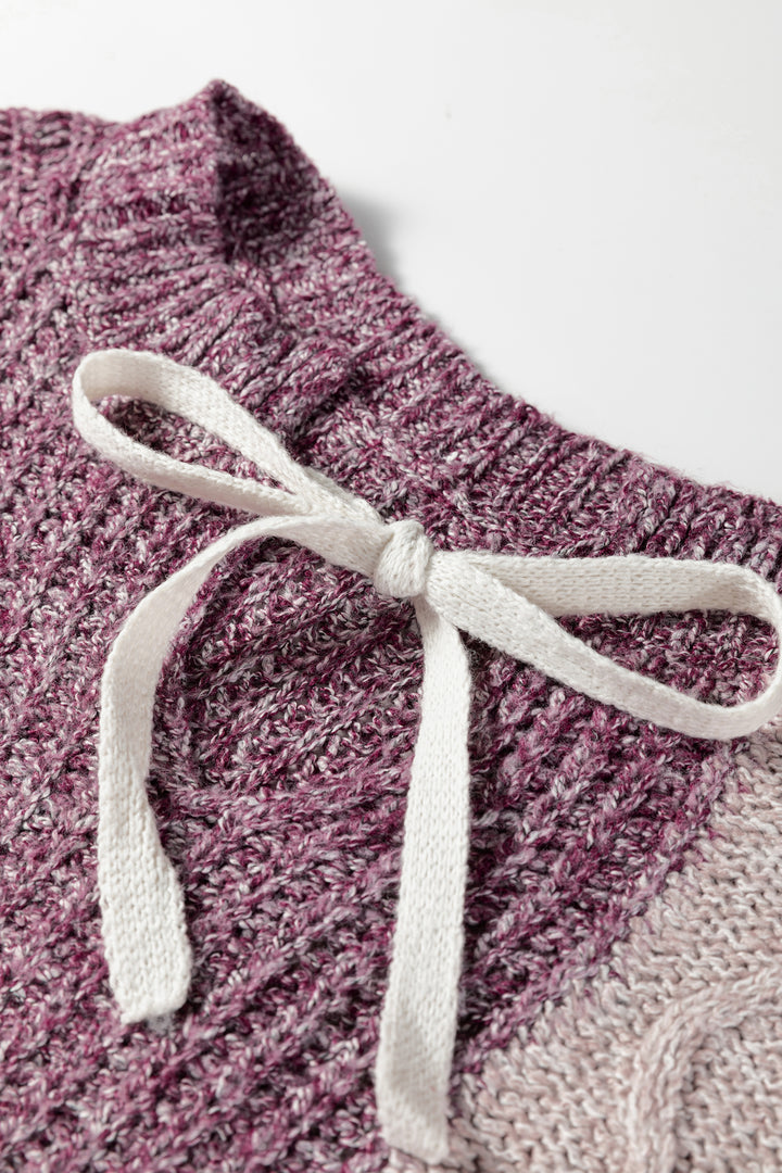 Purple Color Block Patchwork Knotted Back Loose Fit Sweater