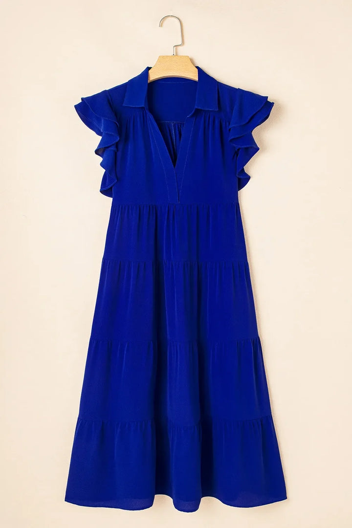 Ruffled Short Sleeve Collared V Neck Tiered Midi Dress