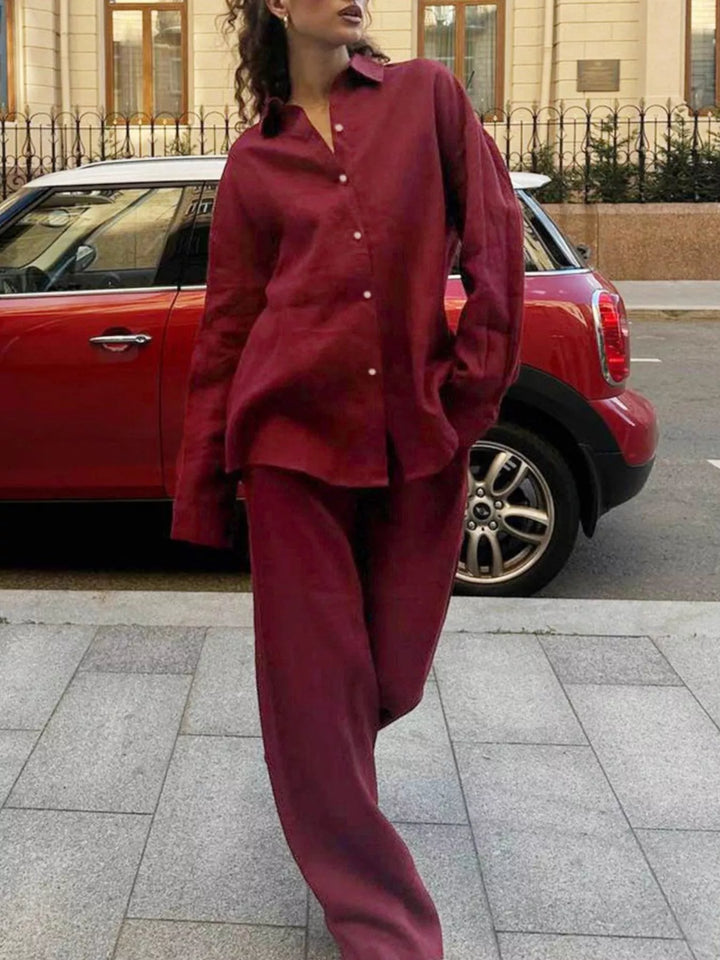 Relaxed Fit Button Up Shirt and Pants Two-Piece Set