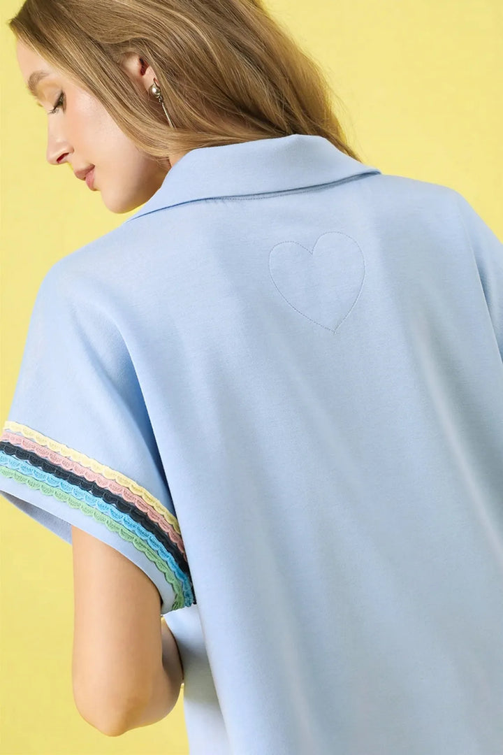 Umgee Contrast Trim Half Zip Collared Blouse