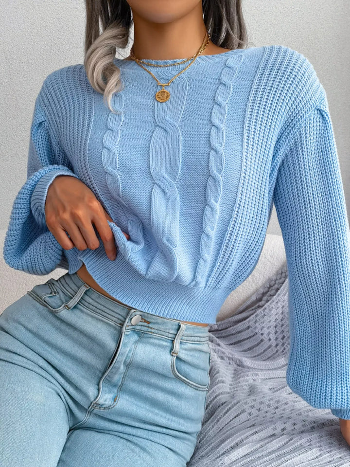 Cable Knit Round Neck Cropped Sweater