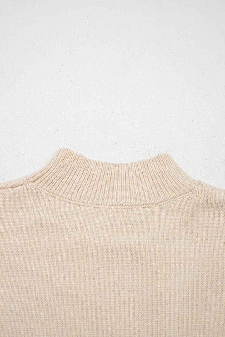 Parchment Corded Horseshoes Ribbed Trim Mock Neck Short Sleeve Sweater