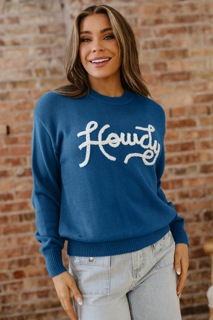 Dusk Blue Howdy Embroidered Graphic Western Sweater