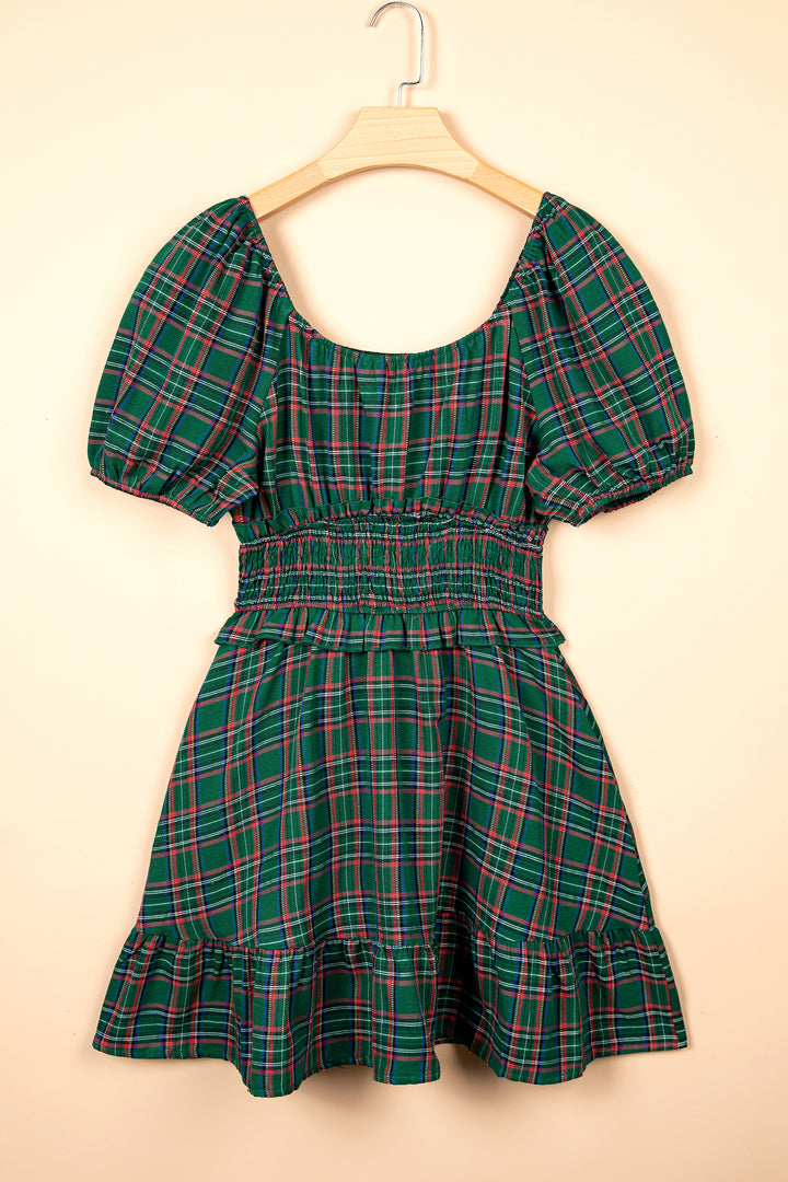 Green Plaid Shirred U Neck Short Sleeve Mini Dress