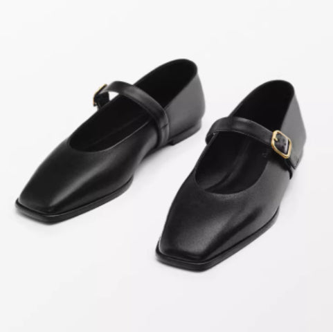Genuine Leather Square-toe Flat Shoes For Women With Shallow Mouth And Single Strap