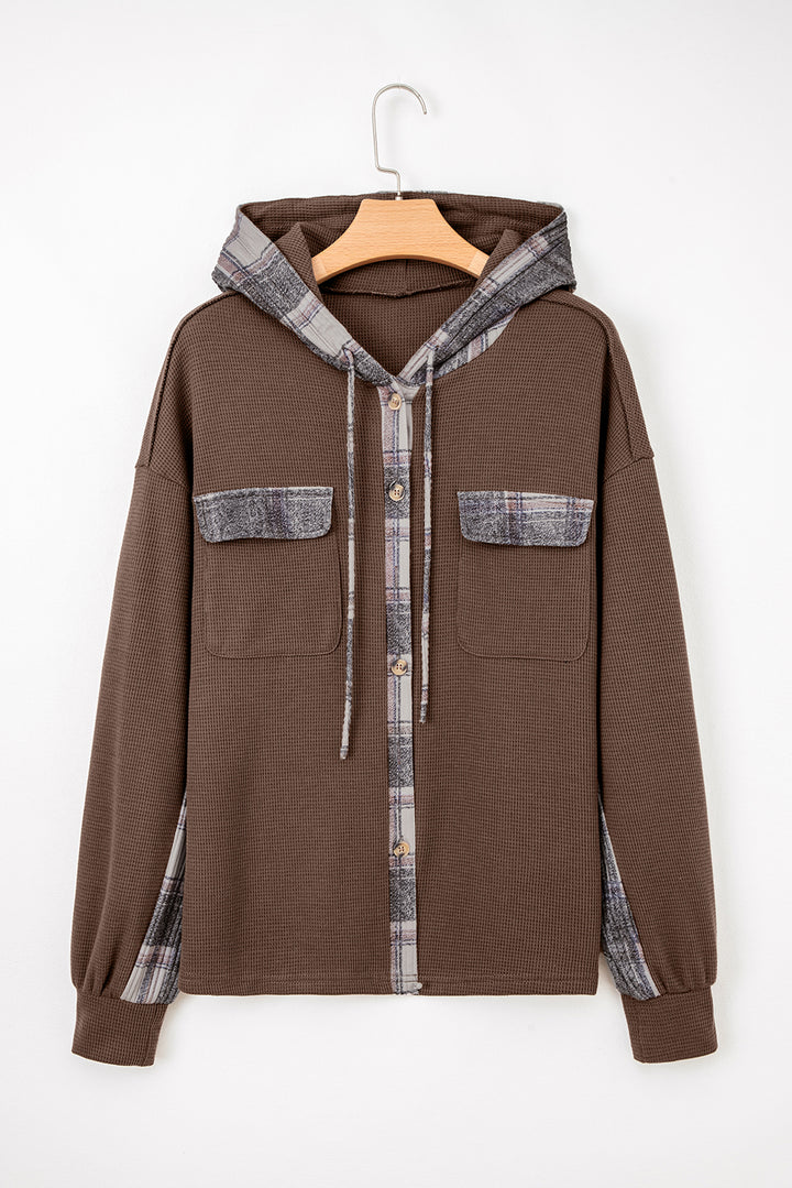 Brown Plaid Patchwork Button Down Drawstring Hooded Shacket