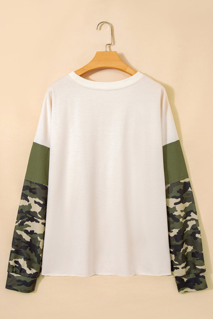 Apricot Camo Print Patchwork Sleeve Raw Hem Plus Size Sweatshirt