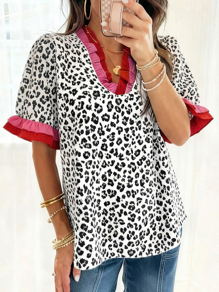 Leopard Print Frill Short Sleeve Blouse
