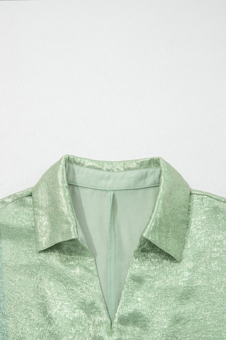 Clearly Aqua Collared V Neck Half Sleeve Metallic Top