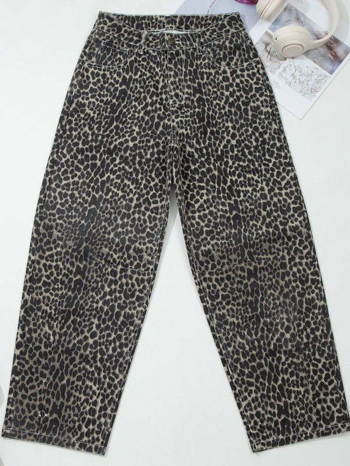 Leopard Print High Waist Barrel Jeans