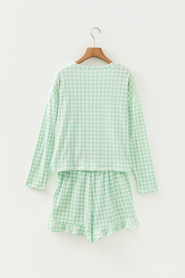 Green Gingham Long Sleeve Loose Top Drawstring Shorts 2pcs Lounge Set