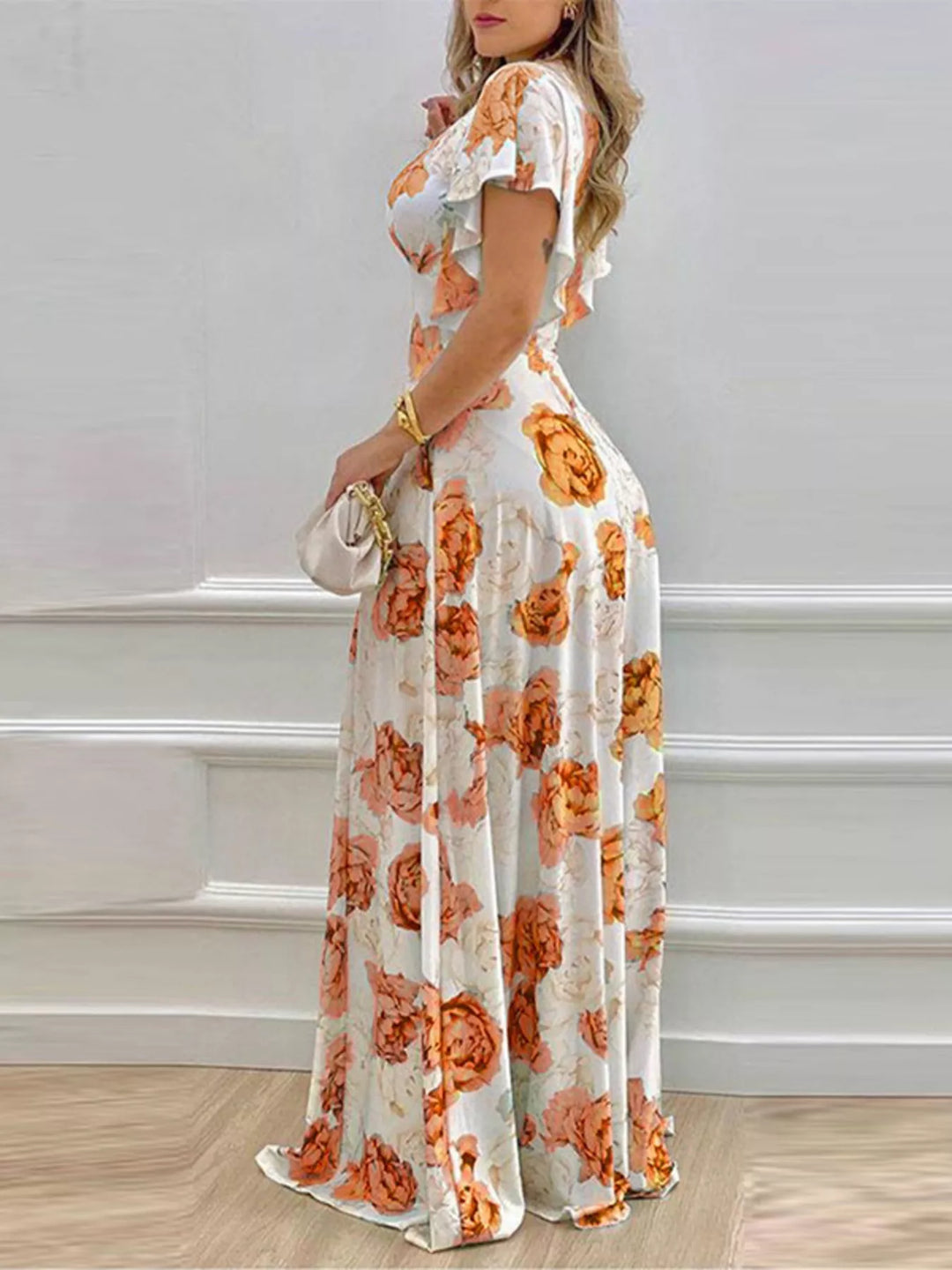 Floral Print V-Neck Ruffle Sleeve Maxi Dress