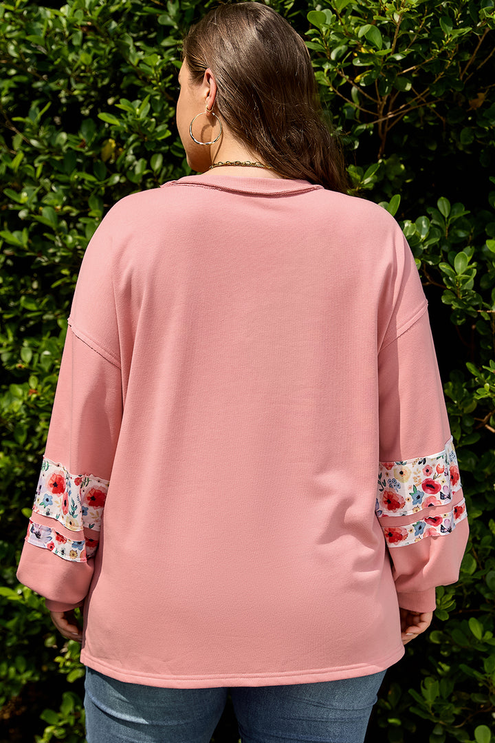 Peach Blossom Plus Size Floral Applique Drop Shoulder Sweatshirt