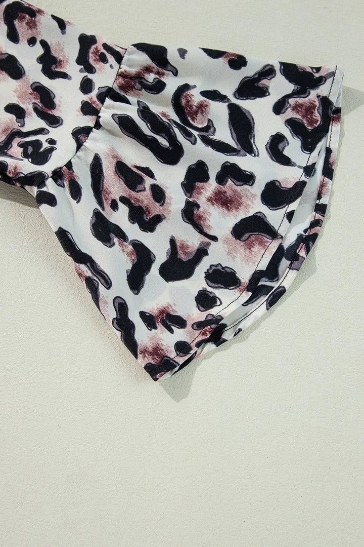 Leopard Print Buttoned Front 3/4 Sleeve Tiered Ruffled Hem Dress