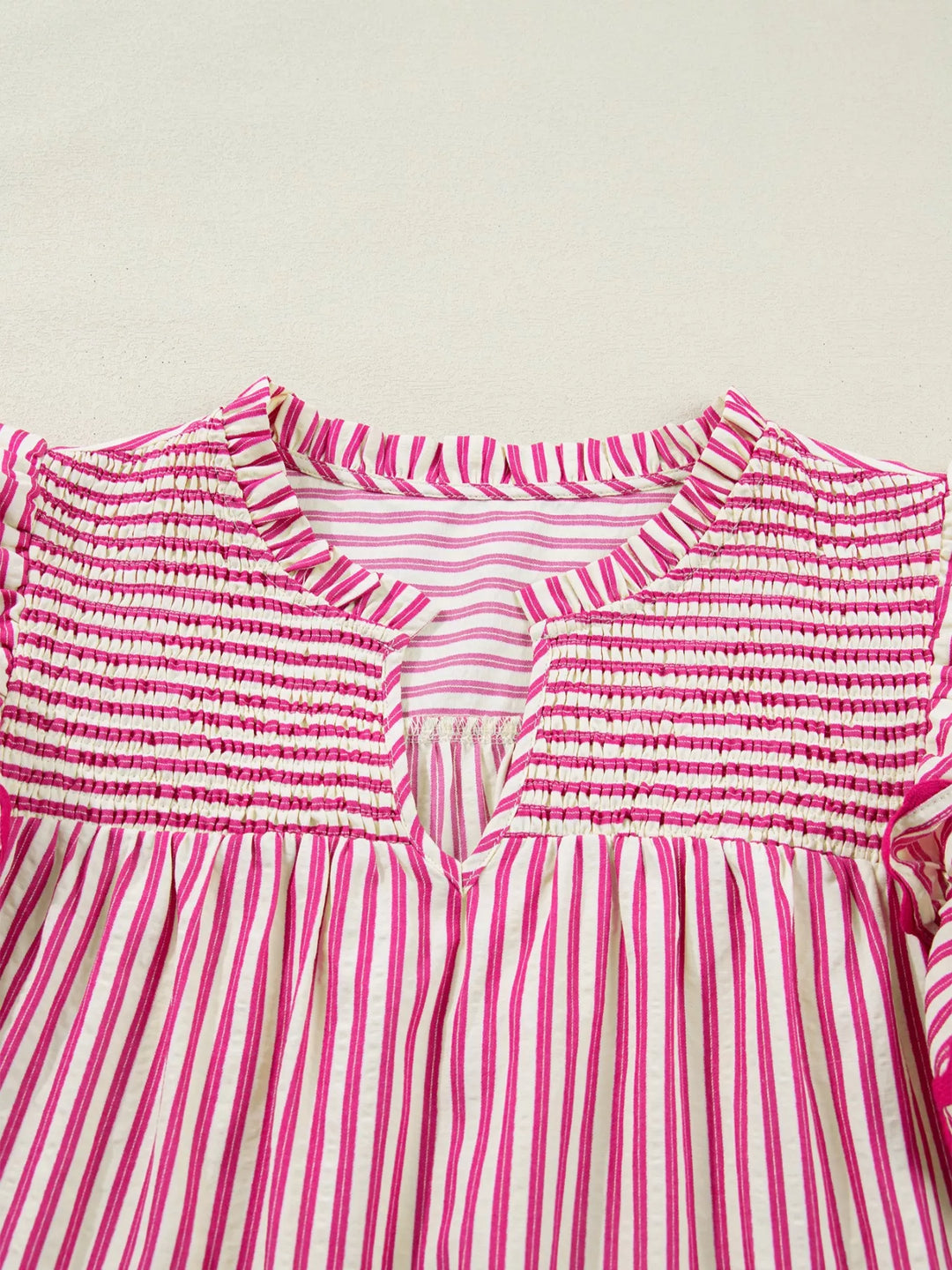 Stripe Shirred Yoke Ruffled Short Sleeve Blouse