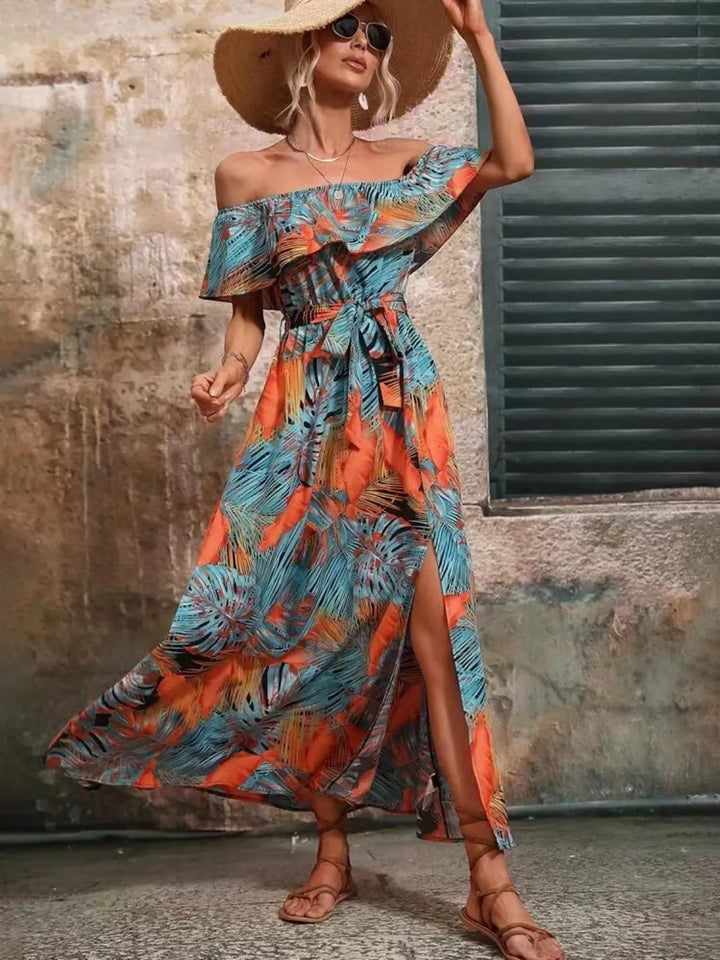 Ruffled Printed Off Shoulder Maxi Dress