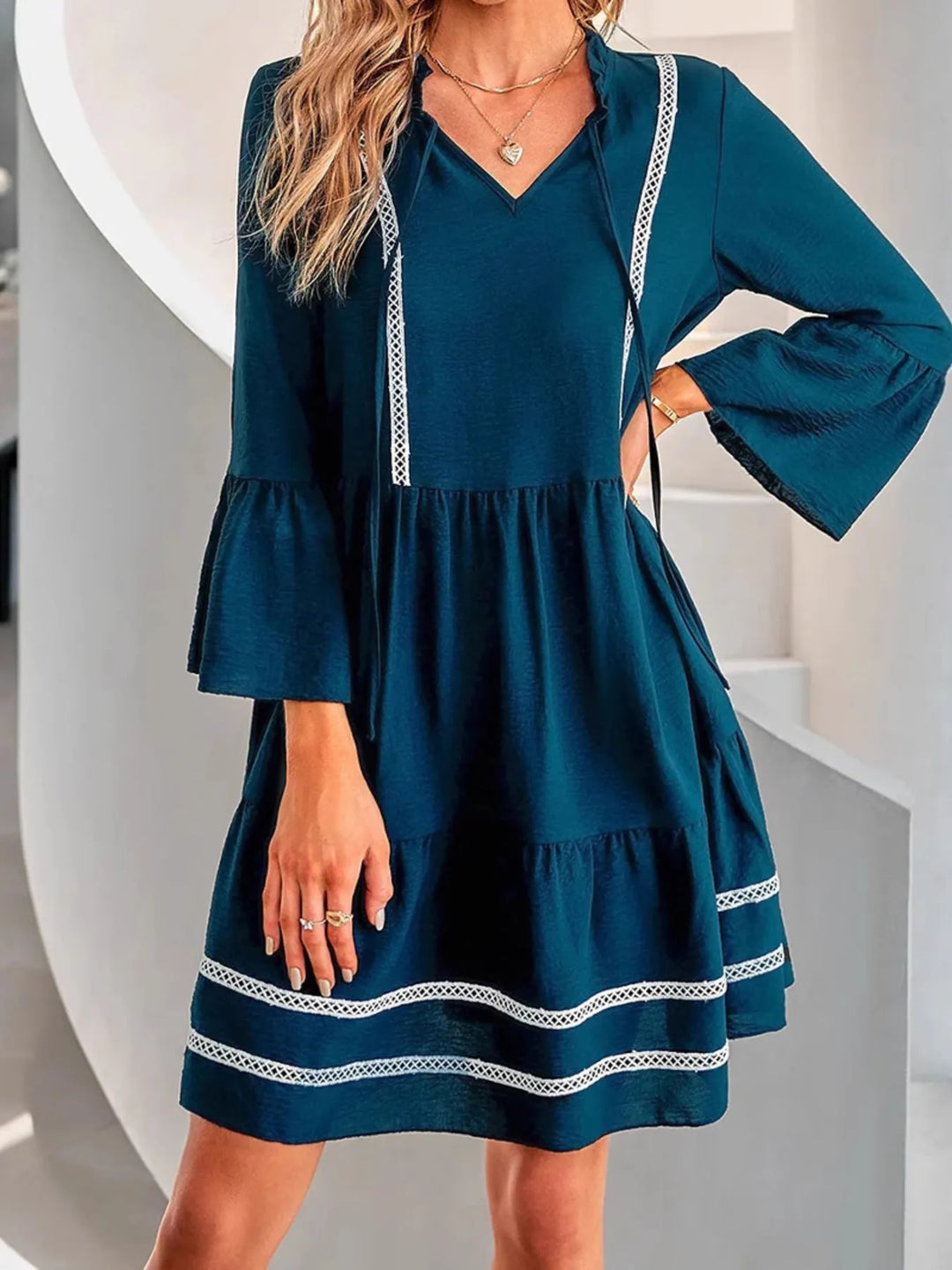Tie-Neck Long Sleeve Mini Dress with Trim Detail