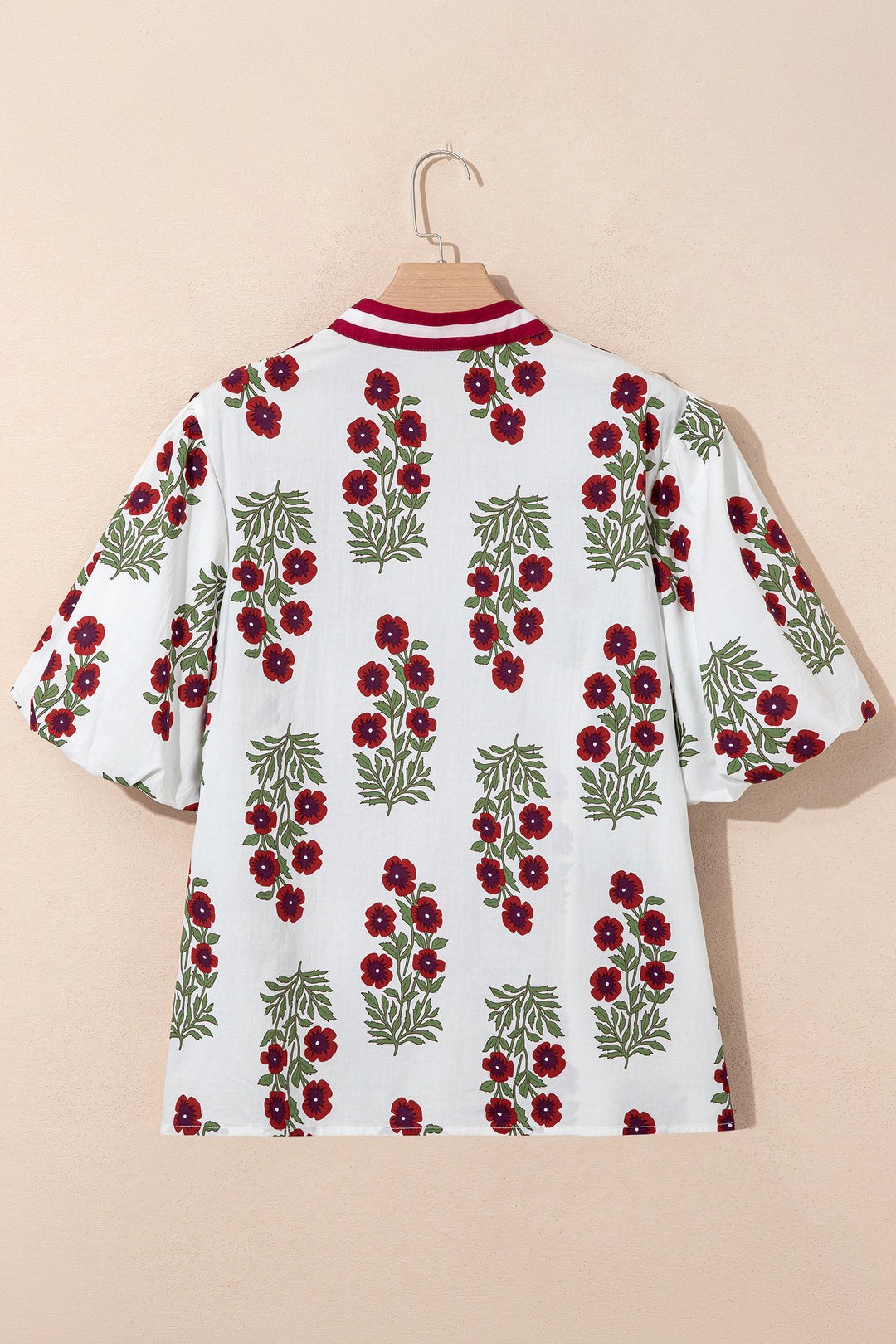 White Plus Size Floral Print Ricrac Striped Trim Short Sleeve Cotton Blouse