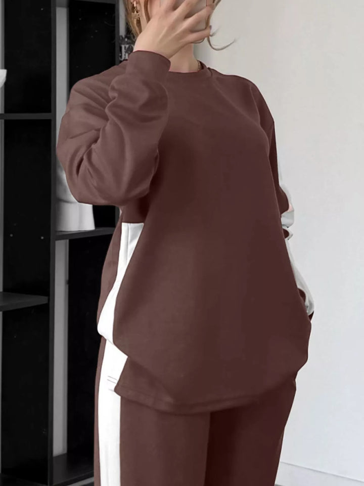 Full Size Contrast Round Neck Top and Pants Set Plus Size