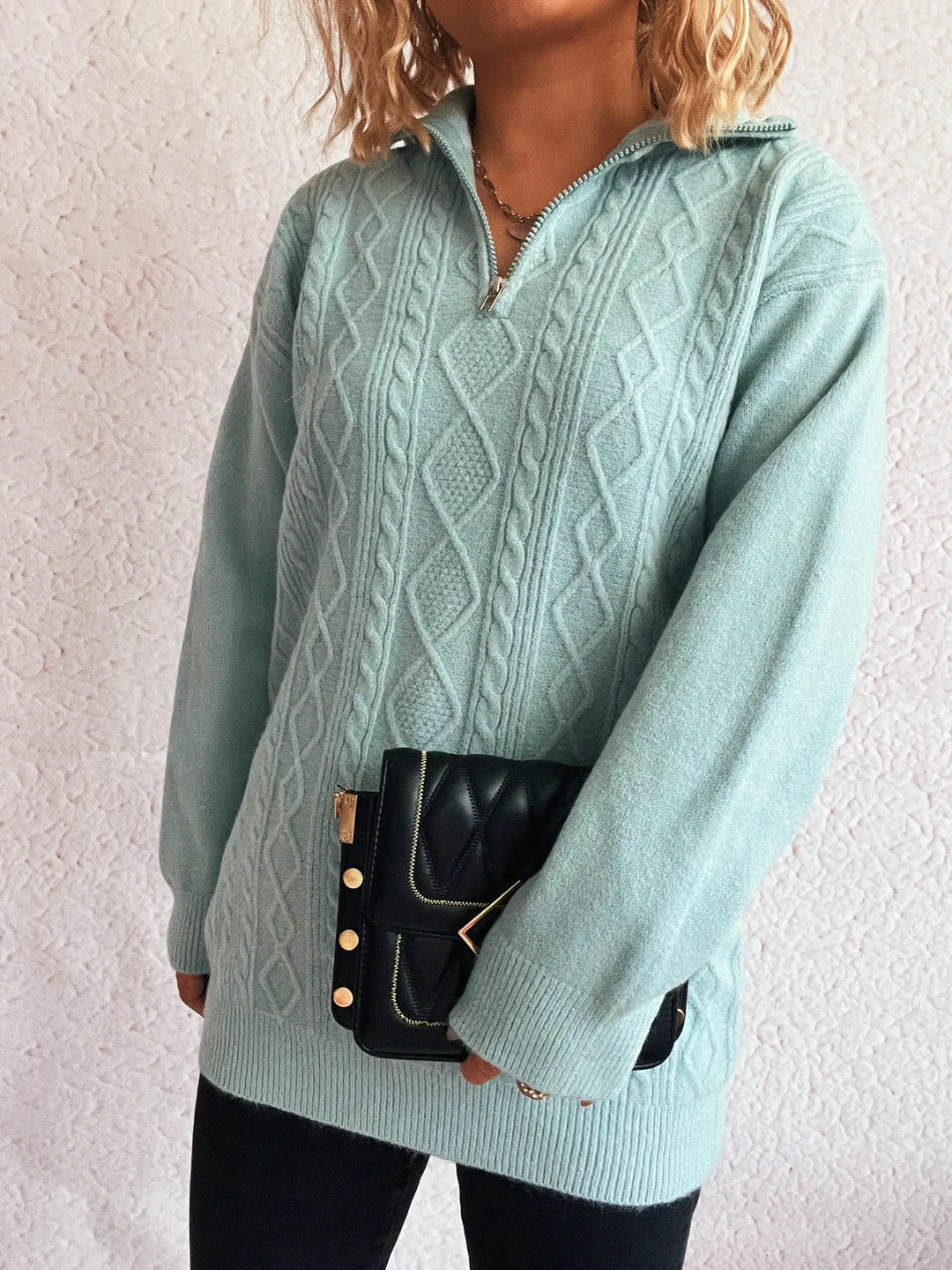 Texture Zip Collar Long Sleeve Sweater