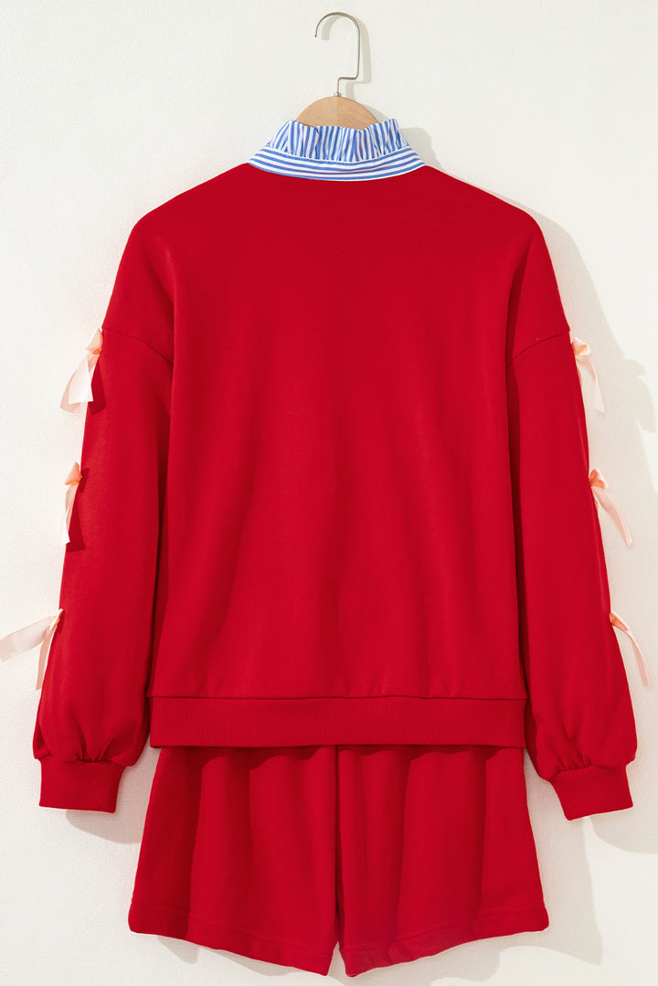 Racing Red Striped Collar Patchwork Satin Bow Sweatshirt and Shorts Set